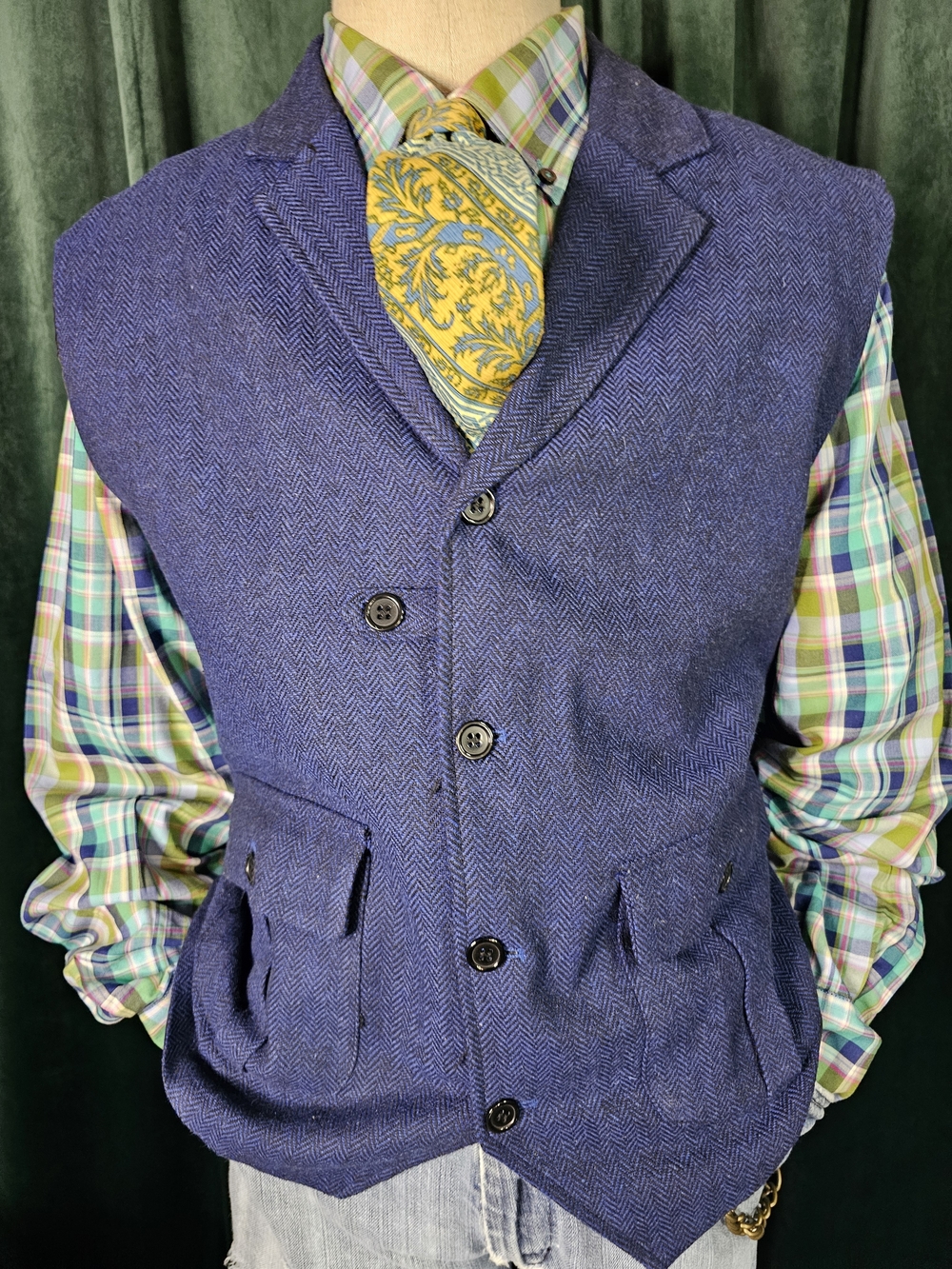 Men's Blue Herringbone Wool Button Vest